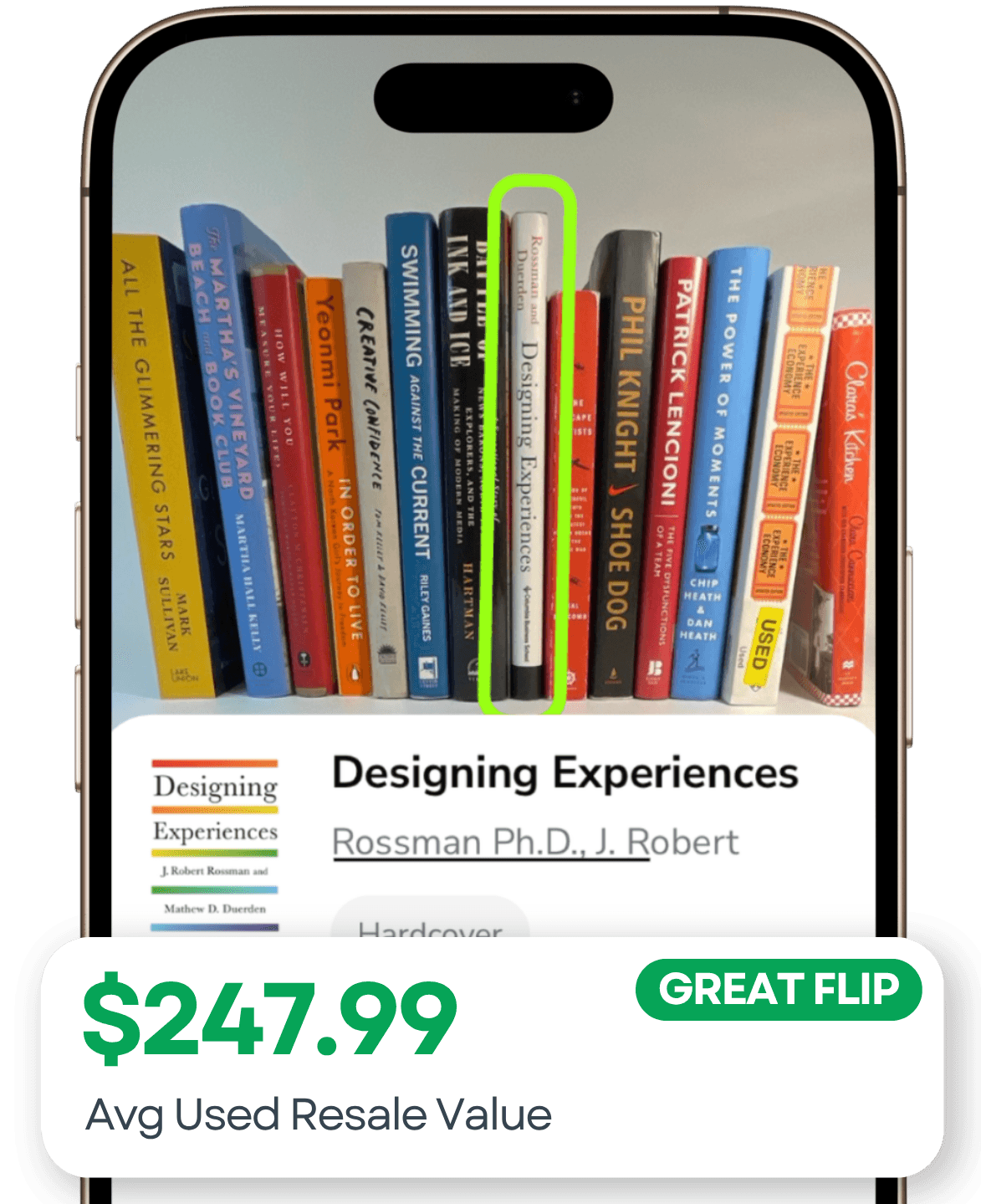 Flippr scanning a bookshelf and showing a book's resale value with a Great Flip badge