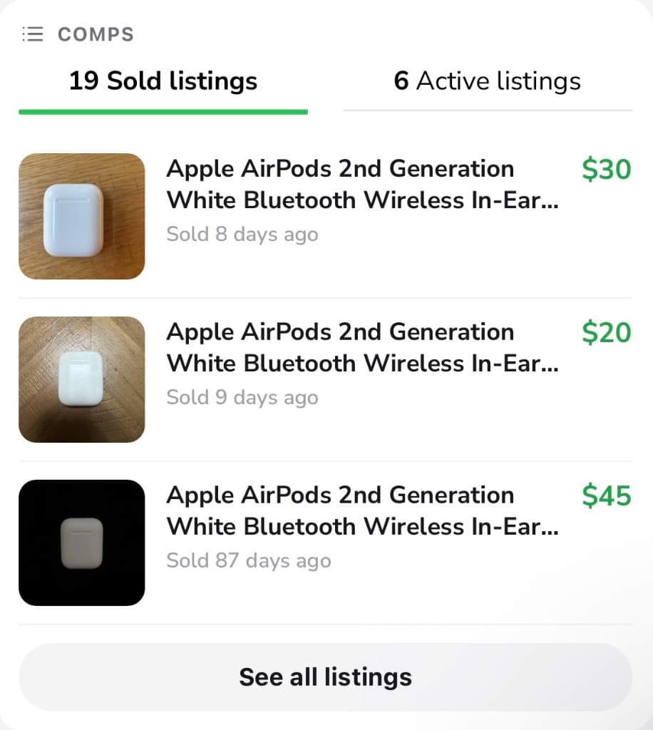 Flippr comps screen showing eBay sold and active listings with prices